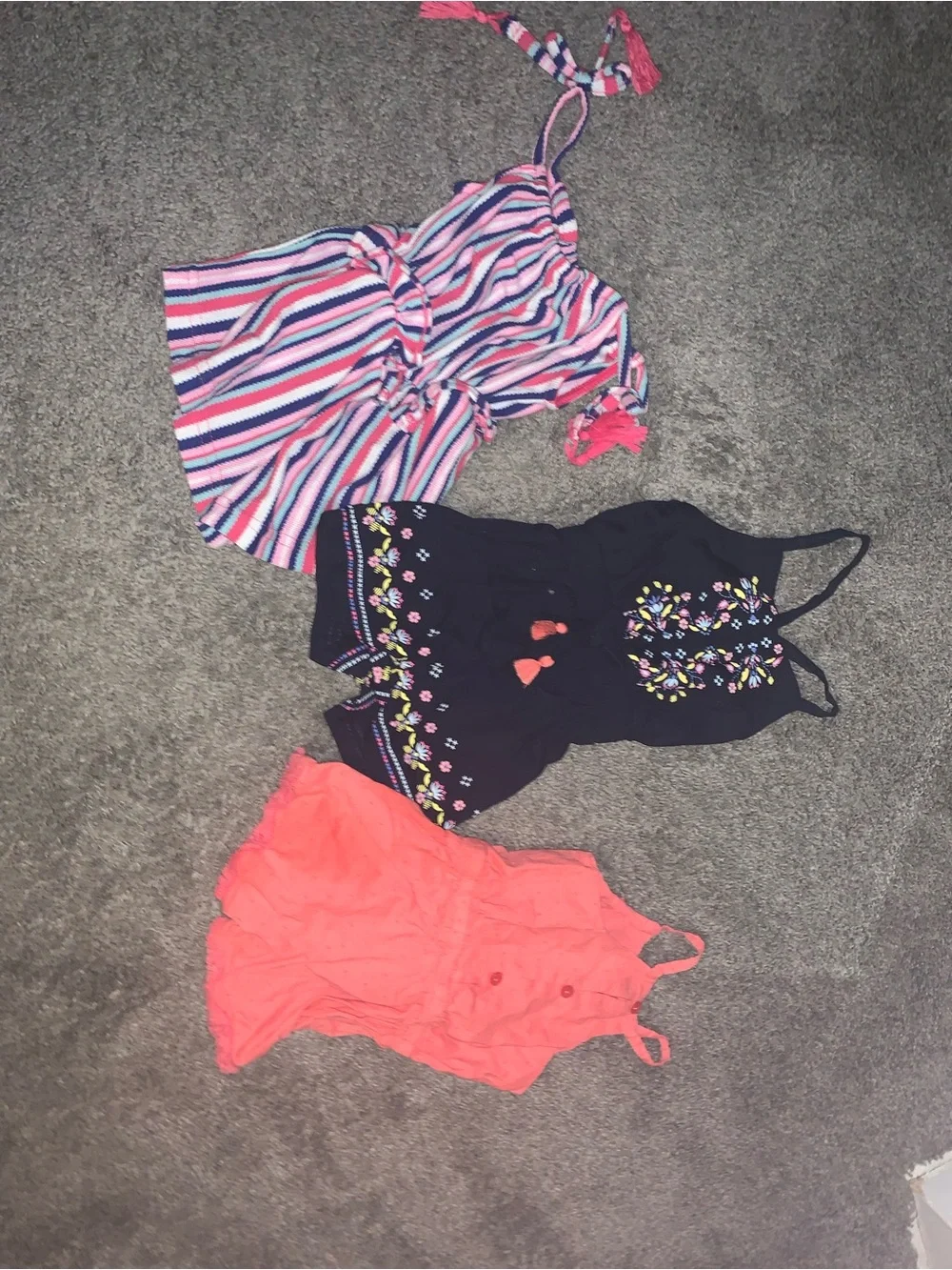 Girls 3-Pack Summer Romper Set - Striped, Navy Embroidered, Coral